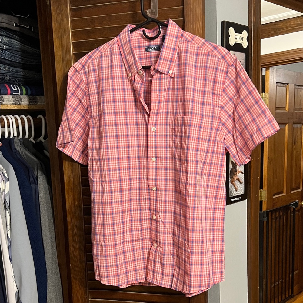 Izod Men's Casual Pink and Blue Plaid Shirt